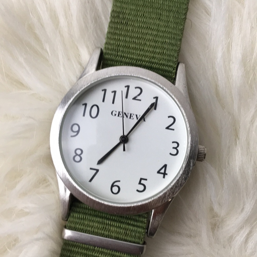 Mens army green NATO strap white face Geneva watch